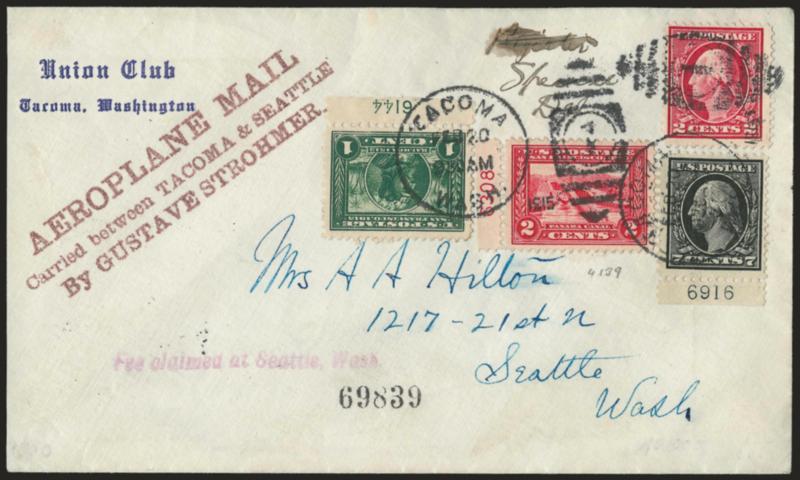 1915, Feb. 20, Tacoma-Seattle Wash. Experimental Hydroplane Mail Flight (AAMC 84).> Nos. 397, 398, 406 and 407 (all plate no. single except no. 406) paying 2c postage pus 10c Special Delivery rate on cover to
Seattle, all tied by Tacoma Wash. Feb 20