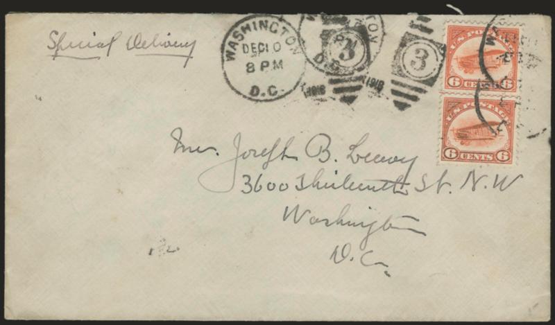 6c Orange, 1918 Air Post (C1).> Vertical pair paying 2c Postage and 10c Special Delivery fee on <First Day Cover> posted locally in Washington D.C., stamps tied by partial Washington D.C. grid duplex, the
clerk, evidently not satisfied with the clari