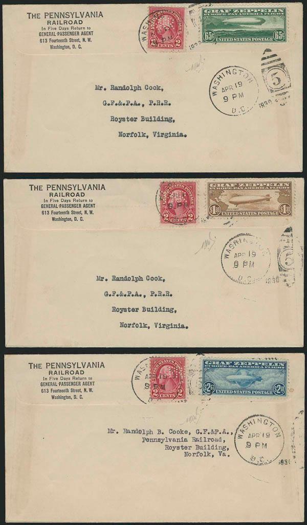 65c-$2.60 Graf Zeppelin (C13-C15).> Each tied on backflap of separate <Pennsylvania Railroad illustrated cover> by Washington D.C. Apr. 19, 1930 <First Day of Issue> duplexes with second clear strike below,
each addressed to Mr. Randolph Cook in No