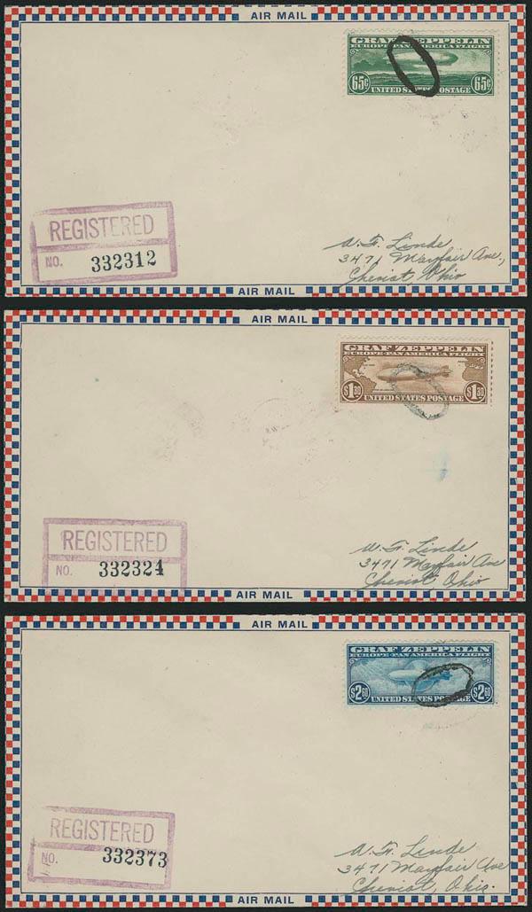 65c-$2.60 Graf Zeppelin (C13-C15).> Set of three A. C. Roessler airmail covers, each with stamp tied by mute oval cancel and purple Washington D.C. Apr. 19, 1930 <First Day> registry backstamp<><>^VERY FINE AND
SELDOM-SEEN PREMIUM SET OF GRAF ZEPPE