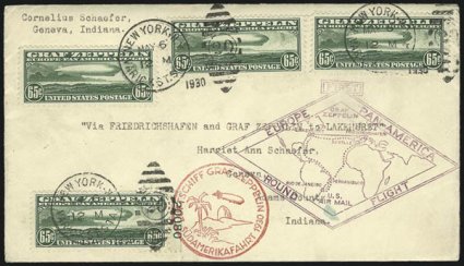 65c-$2.60 Graf Zeppelin (C13-C15).> Three covers, all paying $2.60 rate incl. one with four 65c, one with two $1.30 and one with $2.60 stamp, tied by New York N.Y. May 6, 1930 cancels, usual red and purple
cachets, each addressed to Indiana, fresh