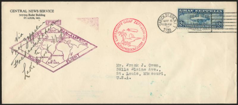 65c-$2.60 Graf Zeppelin (C13-C15).> 65c-$2.60 Graf Zeppelin (C13-C15).> Two legal-size cacheted flown round-trip covers, one with single $1.30 and 65c vertical pair, other single $2.60, tied by New York N.Y.
Varick St. Sta. May 6, 1930 duplex circu