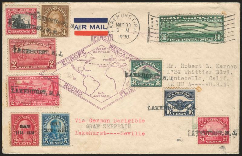 65c Graf Zeppelin (C13).> Used with additional 65c postage to pay the full $1.30 letter rate for the Lakehurst to Seville, Spain, leg of the flight, additional franking incl. Nos. C4-C6 and 5c Hawaii Ovpt., 65c
tied byLakehurst N.J. May 30, 1930 wa