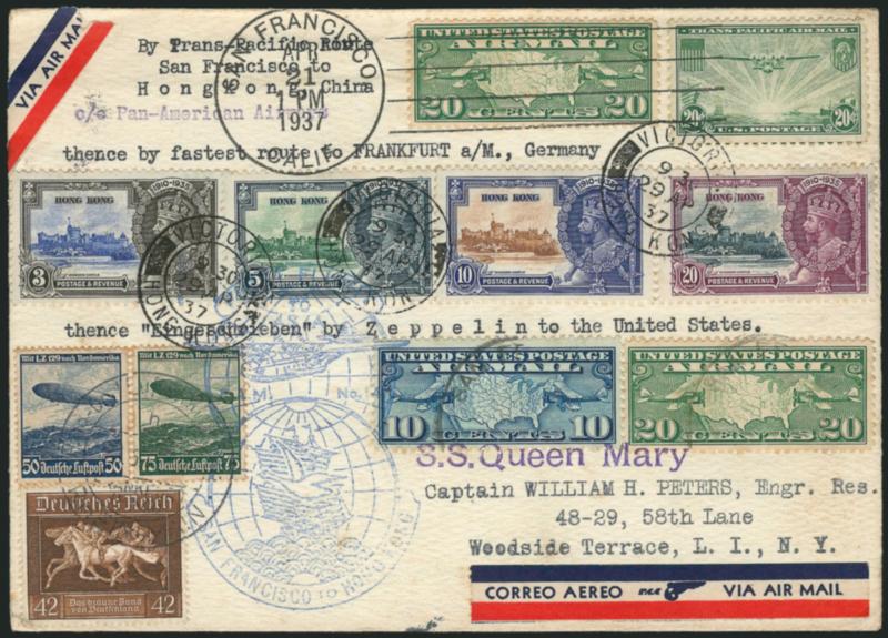 1937 - Flight Cover Intended for the Ill-Fated Hindenburg.> Cover bearing a tremendous variety of U.S., German and Hong Kong stamps, typed instructions By transpacific route San Francisco to Hong Kong, China
thence by fastest route to Frankfurt aM,