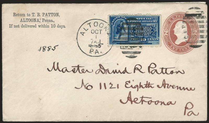 10c Blue, Special Delivery (E1).> Tied by well-struck Altoona Pa. Oct. 1, 1885 duplex cancel on 2c Brown entire (U277) and used on the <First Day of Issue> to local address, with original enclosure which reads
<<My Dear Sam, As you were the purcha