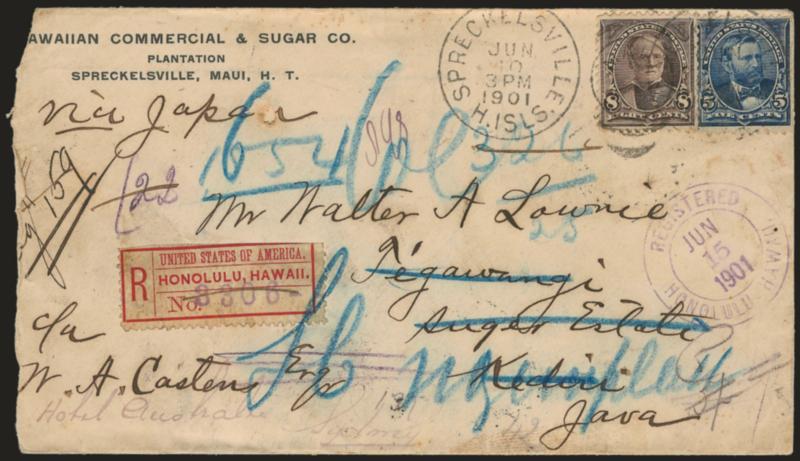 8c Violet Brown, 5c Dark Blue (272, 281).> 5c s.e. at right, tied by Spreckelsville H. Isles. Jun. 10, 1901 duplex cancels on registered cover with Hawaiian Commercial & Sugar Co. corner card <to Kediri, Java
and forwarded to Sydney, Australia,> or