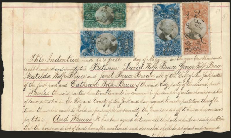 $50.00 Blue & Black, Second Issue (R131).> Two, used with $3.00 and $20.00 Third Issue, cancelled by May 1872 ms. cancels on large part of indenture agreement, usual small faults as found on such large
documents, Very Fine, colorful and scarce usage