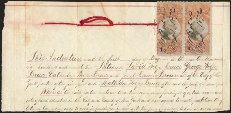$20.00 Orange & Black, Third Issue (R150).> Horizontal pair, tied by May 1, 1872 ms. cancels on part of indenture document, left stamp with wrinkle from red string, couple short perfs at top, appears Very
Fine