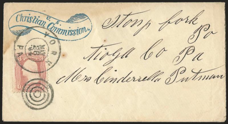 1861-66 Issue Cover Balance.> Five covers, incl. three of No. 63, No. 65 on Christian Commission corner card cover, No. 65 tied by <G.B.D. two-line handstamp on patriotic, another with 1c and 3c used from
Boston to Portland Me., last bears 3c with