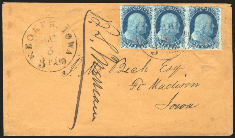 Small Cover Lot.> Six items, incl. No. 9 strip of three used from Keokuk Ia., four 1857 1c Ty. V covers incl. plated strips of three from Plates 8-10 (one ms. X cancels) and a single New York Carrier usage,
lastly a registered use with 15c Ty. II 1