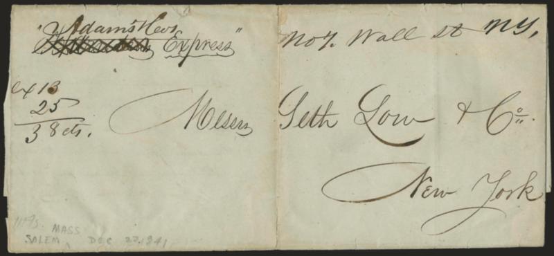Adams & Cos over Harndens Express.> Ms. redirection and <<No. 7 Wall St. NY>> street address on legal-size Dec. 22, 1841 folded letter from Salem Mass. to New York City, ms. <<ex 13 [+] 25 [=] 38 cts.>> rate,
minor wear along folds, otherwis