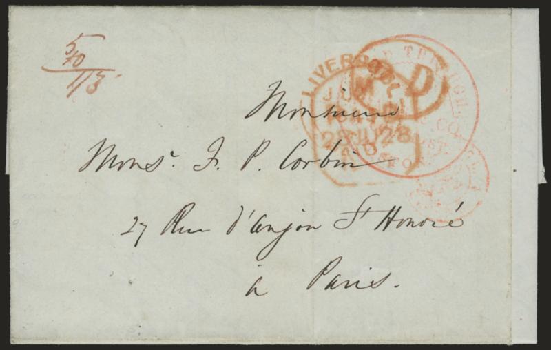 Paid Through. Adams & Co., 9 Court St. Boston.> Red circular handstamp clearly struck on June 14, 1845 folded letter from New York City <to Paris, France,> red Liverpool and orange-red Calais transits struck
over Adams circle, magenta ms. <<5 + 10=1