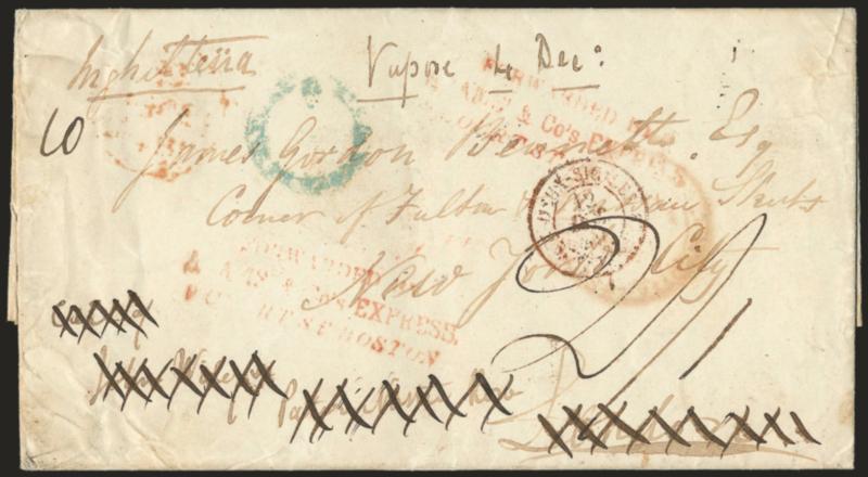 Forwarded byAdams & Cos Express40 Court St. Boston.> Red three-line handstamp struck twice on Dec. 4, 1849 folded letter <from Naples, Italy, to James Gordon Bennett> at New York City, sent in care of a
Liverpool forwarder with notation on back, v