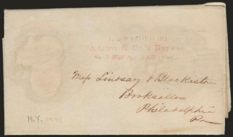 Forwarded byAdams & Co.s ExpressNo. 7 Wall St. New York.> Red three-line handstamp on Feb. 12, 1845 folded letter from New York to Philadelphia, waterstains, marking slightly faded, still Fine, this is an
extremely rare Adams marking used during t