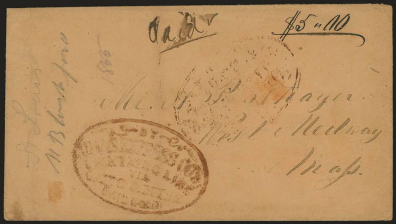 By Adams Express Co.s Lightning Line via Ohio & Miss. Railroad.> Slightly blurry dark red oval handstamp on buff cover to West Medway Mass., pencil docketing indicates St. Louis origin in 1855, ms. Paid and
$5.00 contents notation, Fine, an exce