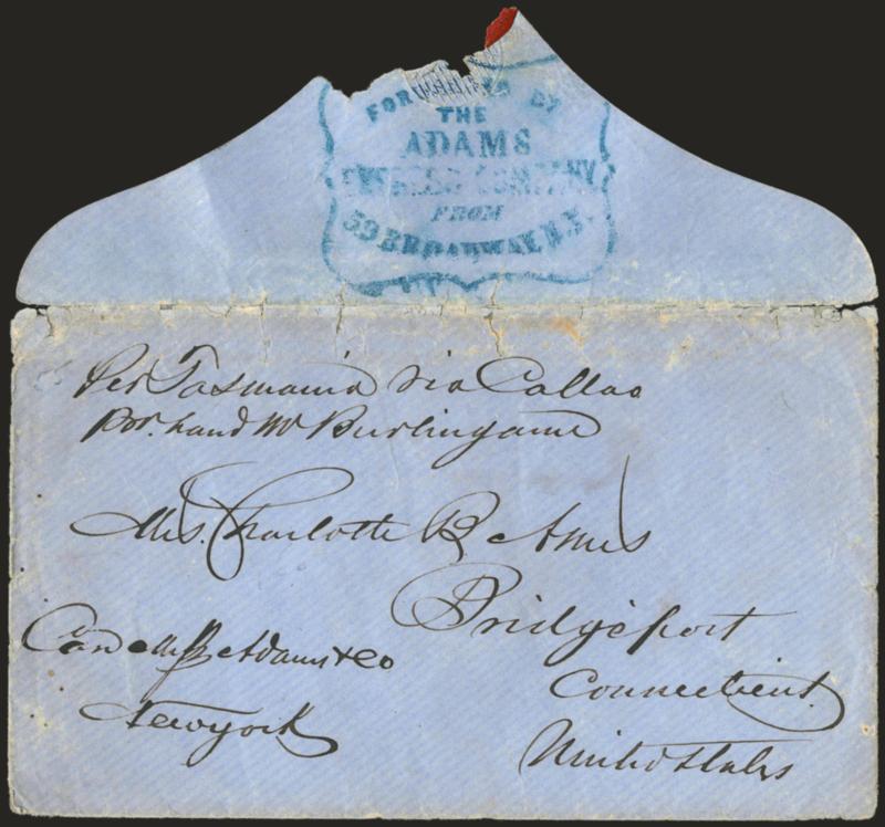 Forwarded by The Adams Express Company from 59 Broadway N.Y.> Blue ornately-framed handstamp on back of blue cover to Bridgeport Conn., senders routing <<Per Tasmania via Callao, Pr. hand Mr. Burlingame,>>
bleached spots and minor edge faults, Fin