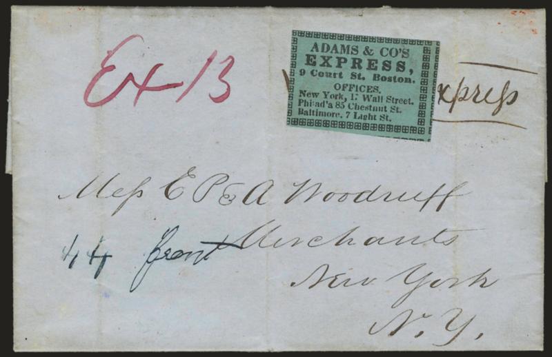 Adams & Cos Express, 9 Court St., Boston.> Black on blue-green label on Feb. 21, 1846 folded letter from Salem Mass. to New York City, street address added in blue, red ms. Ex 13 express rate, label affixed
over ms. <<Adams Express>> endorsement