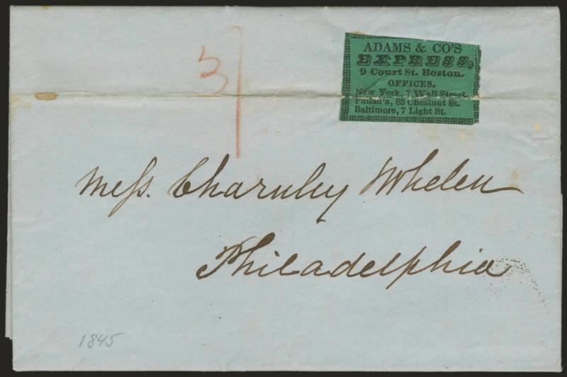 Adams & Cos Express, 9 Court St., Boston.> Black on blue-green label tied by heavy filing crease on Mar. 17, 1845 folded letter from Boston to Philadelphia, red crayon 3 rate (three bits, or 37-12c), scarce
Independent Mail use