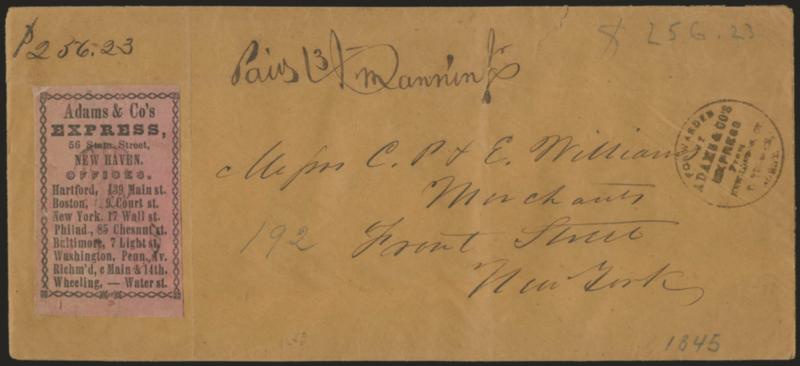 Forwarded by Adams & Cos Express from New London, Ct. [name?] Agent.> Mostly readable strike of circular handstamp, Adams & Cos Express, 56 State Street, New Haven black on pink label with office addresses,
cancelled by two light strikes of grid