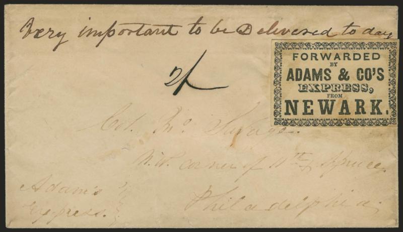 Forwarded by Adams & Cos Express, From Newark.> Black on buff label used on cover to Philadelphia street address, bold ms. instructions <<Very important to be Delivered today,>> ms. 2- rate (two bits, or 25c),
senders directive <<Adams Expres