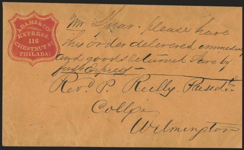 Adams & Co.s Express.>< Two stampless covers with Adams <red cameo corner cards,> one from 116 Chestnut St., other from 80 Chestnut St., first to Wilmington, second to East Rutland Vt., few toned spots,
Fine-Very Fine appearing pair