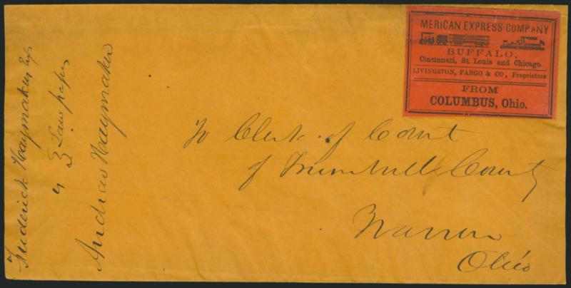 merican Express Company Spelling Error.> Black on vermilion label from Columbus, Ohio on buff cover to Marion O.opened and reduced at ends, wrinkles and small edge tear, otherwise Fine, scarce spelling
error