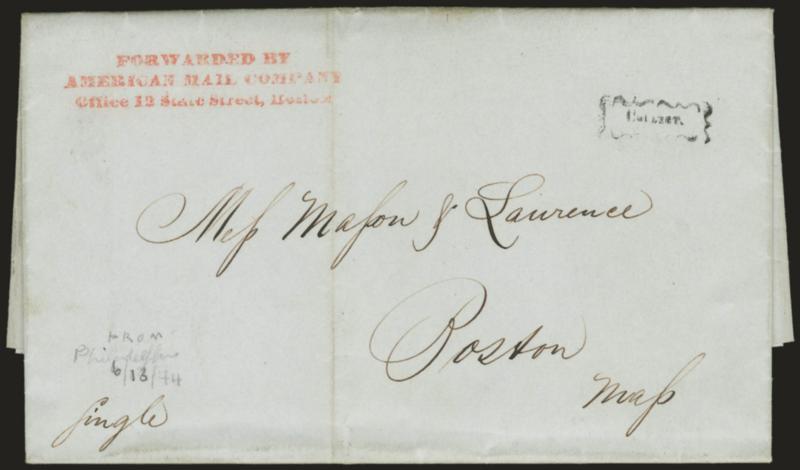 Forwarded ByAmerican Mail CompanyOffice 12 State Street, Boston.> Red three-line handstamp and black Collect in ornate frame on Jun. 13, 1844 folded letter from Philadelphia to Boston, Very Fine