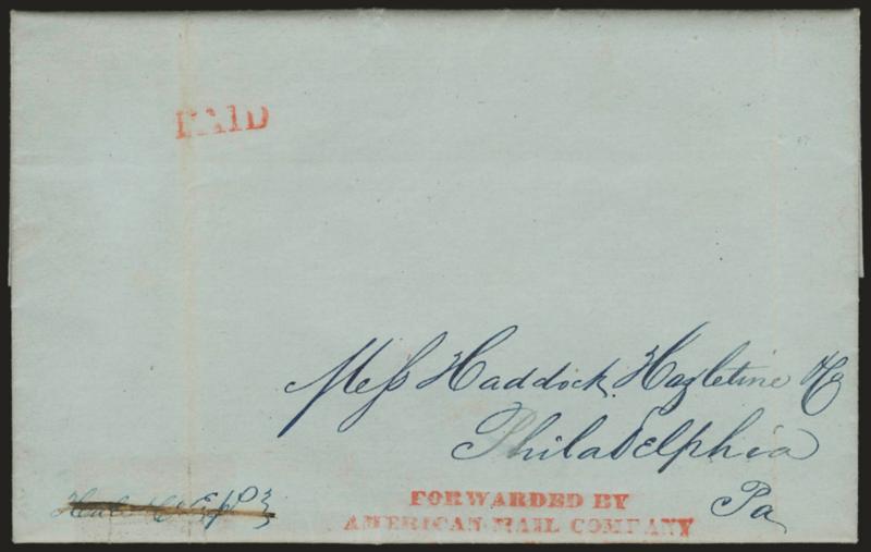 Forwarded ByAmerican Mail Company[Office 12 State Street, Boston]>. Vivid orange-red three-line handstamp and matching Paid on July 1, 1844, folded letter beautifully addressed in blue from New York City to
Philadelphia, very clear strikes but wi