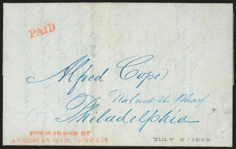 Forwarded ByAmerican Mail Company[Office 56 Wall Street N.Y.]>. Vivid orange-red three-line handstamp and matching Paid on July 2, 1844, folded letter beautifully addressed in blue to Philadelphia, very clear
strikes but with bottom address line