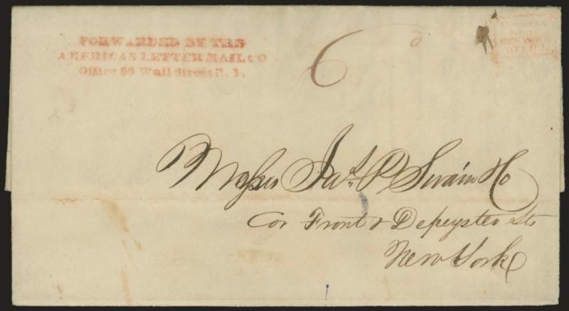 Forwarded By TheAmerican Letter Mail Co.Office 56 Wall Street N.Y.> Three-line red handstamp with Collect box and ms. 6 rate on Aug. 28, 1844 folded letter from Newark N.J. to New York City street address, Very
Fine, extremely scarce marking, ex