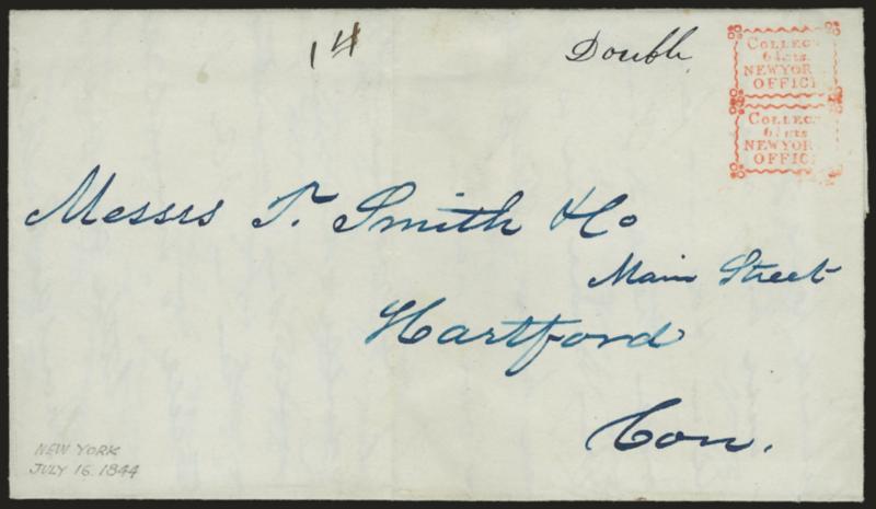 (American Letter Mail Co.) Collect 6-14 cts New York Office.> Fancy framed handstamp struck twice on Jul. 16, 1844 folded letter addressed in blue from New York City to Hartford Conn., ms. 14 due (12c plus 2c
local delivery charge), Very Fine, ex