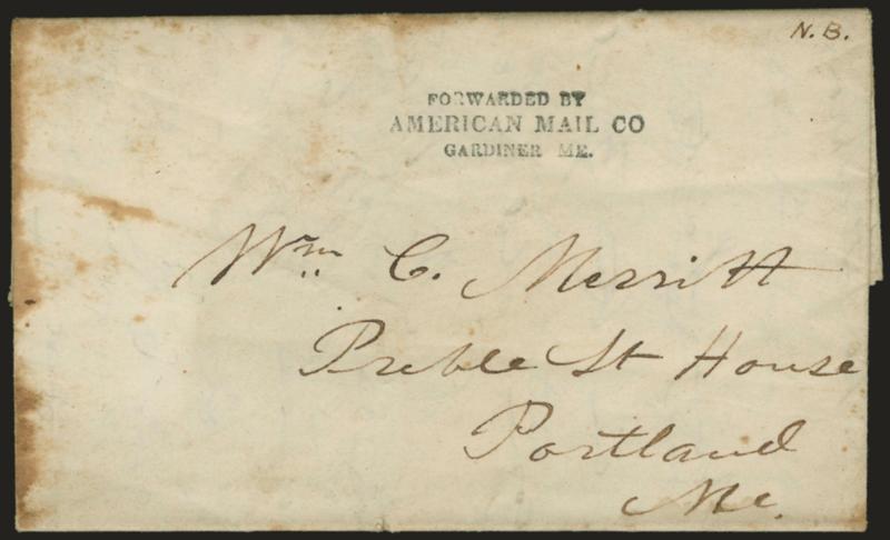 Forwarded byAmerican Mail Co.Gardiner Me.> Three-line handstamp on Aug. 20 (1844) folded letter to Portland Me., minor stains, otherwise Very Fine and clear strike of this rare marking, Hahn reports two
examples of the Gardiner Me. office handstamp