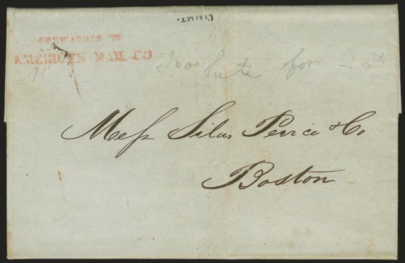 Forwarded byAmerican Mail Co.> Red two-line handstamp and tiny black Collect straightline on May 20, 1844 folded letter from Philadelphia to Boston, pencil <<Too late for 20th,>> Very Fine, ex
Gibson
