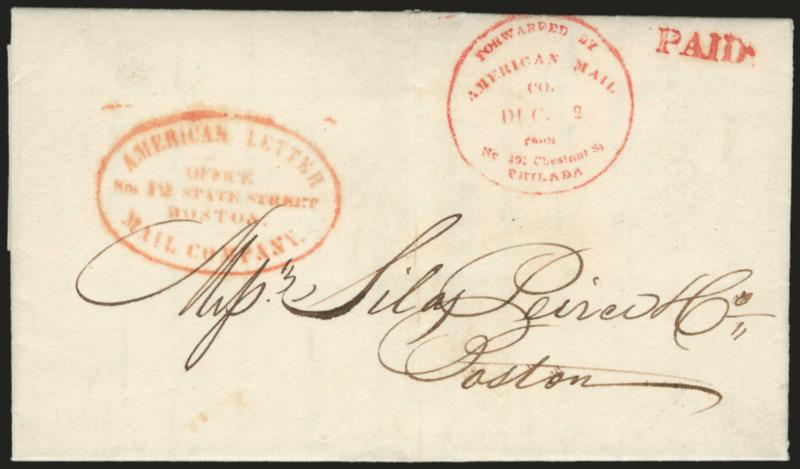 American Letter Mail Company, Office, No. 12 State Street, Boston.> Red oval handstamp on Dec. 2, 1844 folded letter from Philadelphia to Boston, red Philadelphia circle <with date> and Paid straightline, light
vertical file fold clear of markings,