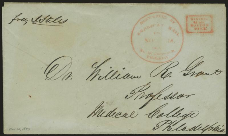 Forwarded by American Mail Co. from No. 101 Chestnut St. Nov. 18.> Red circular handstamp <with date> and red Boston Collect box on folded cover to Philadelphia, <<free J. Stiles>> attempted free frank,
docketed Nov. 15, 1844, Very Fine