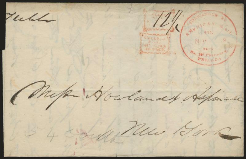 Forwarded by American Mail Co. from No. 101 Chestnut St. Nov. 9.> Red circular handstamp <with date,> two matching strikes of Collect box and ms. 12-12 rate on Nov. 19, 1844 folded letter from Philadelphia to
New York City with pencil street addre