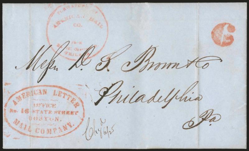 American Letter Mail Company, Office, No. 16 State Street, Boston.> Red oval handstamp on blue folded letter datelined <oston, June 23, 1845>> to Philadelphia, red Philadelphia office handstamp and 6 rate,
vertical file folds, Very Fine, with 2