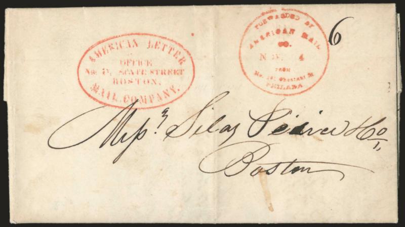 American Letter Mail Company, Office, No. 16 State Street, Boston.> Red oval handstamp on illustrated part-printed shipping notification from Philadelphia to Boston, red forwarded handstamp, ms. 6 rating, light
vertical file fold away from markings