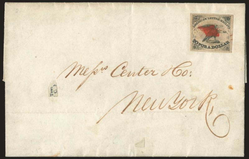American Letter Mail Co., 5c Black (5L1).> Large margins, cancelled by <red diamond> on Feb. 1844 folded letter to New York, stamp with small hole at right center, cover with horizontal file fold well clear of
stamp, appears Very Fine, early usage, e