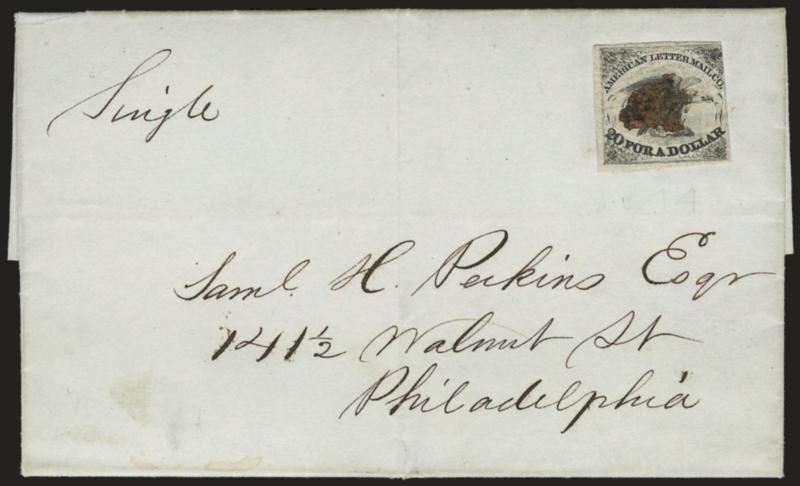 American Letter Mail Co., 5c Black (5L1).> Large margins to just in, cancelled by brush mark on April 1844 folded letter to Philadelphia, light vertical file fold well away from stamp, Fine, with 1999 P.F.
certificate