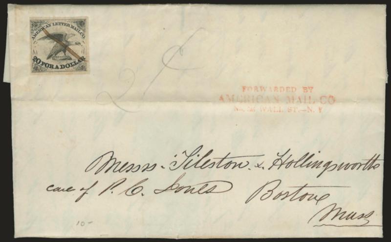 American Letter Mail Co., 5c Black (5L1).> Large margins to clear at left, cancelled by pen stroke, red Forwarded by American Mail Co. No. 26 Wall St. -- N.Y. three-line handstamp on Jul. 31, 1844 folded letter
from Philadelphia to Boston street ad