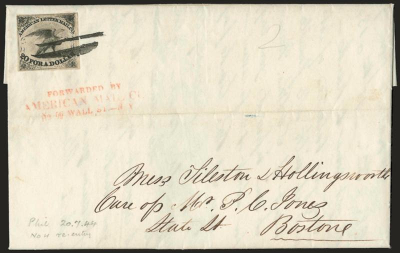 American Letter Mail Co., 5c Black (5L1).> Position 4 with double transfer at top, full margins to clear at top, tied by two pen strokes, red Forwarded by American Mail Co. No. 26 Wall St. -- N.Y. three-line
handstamp on Jul. 20, 1844 folded letter