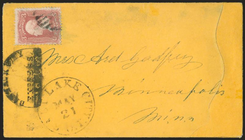 Bannack City Express.> Bold half-circle handstamp on buff cover to Minneapolis Minn., 3c Rose (65) tied by grid, Salt Lake City May 21 circular datestamp where it entered the mails, repaired at right, otherwise
Fine, scarce, the Bannack City Expres