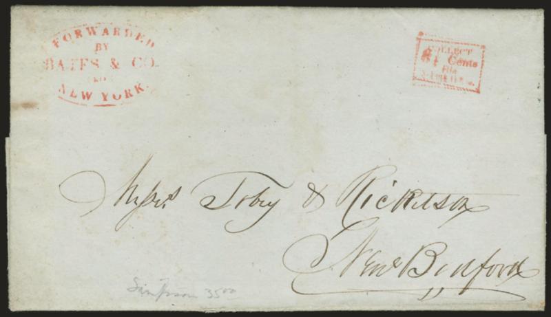 Forwarded by Bates & Co. from New York.> Red oval handstamp and Collect box on Aug. 3, 1844 folded letter from New York to New Bedford Mass., Very Fine, scarce marking applied by E. C. Bates, who operated a
letter express between New Bedford, Boston