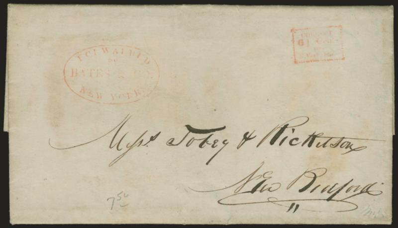 Forwarded by Bates & Co. from New York.> Red oval handstamp and Collect box on Aug. 3, 1844 folded letter from New York to New Bedford Mass., Fine, same date and correspondence as previous lot