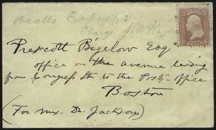 Bealls Express, Charge J. W. Hayden.> Pencil express marking on cover to Boston street address, 3c Rose (65) uncancelled, accompanied by another express cover to Boston marked <<per C C Express>> with
pen-cancelled 3c Rose (65) and 10+25=35 exp