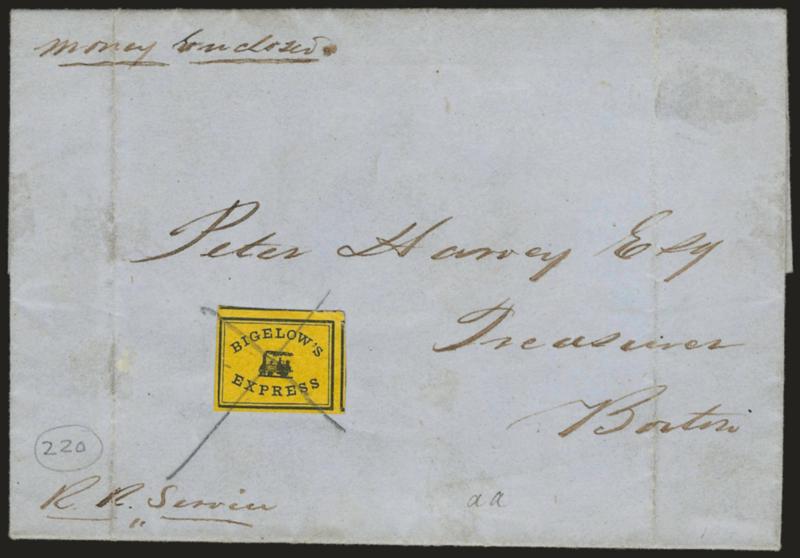 Bigelows Express.> Black on yellow label with train vignette, tied by pencil X on folded letter from office of Rutland & Burlington Rail Road at Burlington, to Boston, dated July 23, without year, file folds,
Very Fine