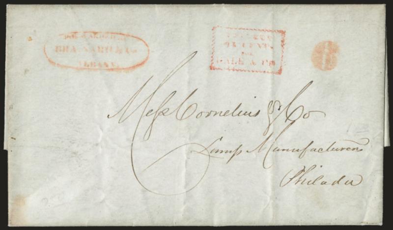 Forwarded by Brainard & Co. Albany.> Red elongated oval handstamp with matching 6 handstamp and red Hale & Co. collect box on Aug. 29, 1844 folded letter to Philadelphia, light folds, Fine, scarce conjunctive
usage, ex Golden, with 2000 P.F. certif