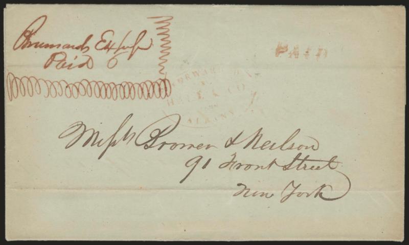 Brainards Express Paid 6.> Unusual style of red ms. express marking, faint but readable <Forwarded by Hale & Co. from Albany> oval handstamp and matching Paid on June. 26, 1845 folded letter from Albany to New
York City street address, mailed f