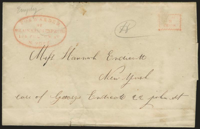 Forwarded by Brainards Express, 125 Fulton St., N. York.> Red oval handstamp and <Collect3Cents> box on folded cover to New York City street address, minor soiling and edgewear, otherwise Very
Fine